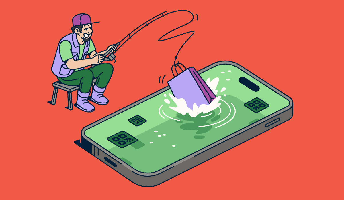 A fisherman fishing from an smartphone with a shopping bag on the end of his hook.