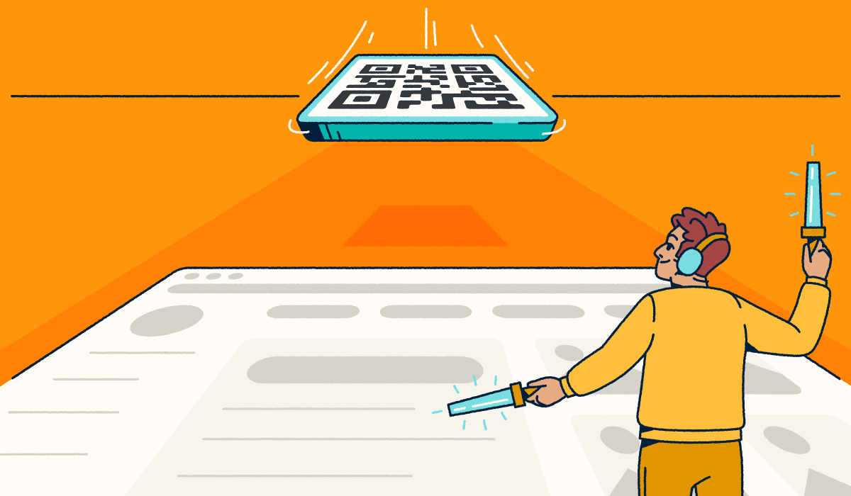 A person waving airport marshalling wands on a landing strip. They are guiding a QR Code to land.